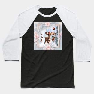 Cute fawn with bird in a winterlandscape Baseball T-Shirt